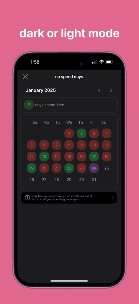 어두운 모드 달력에 지출 없는 날을 추적하는 Budget Bestie 앱이 표시되는 모바일 화면.