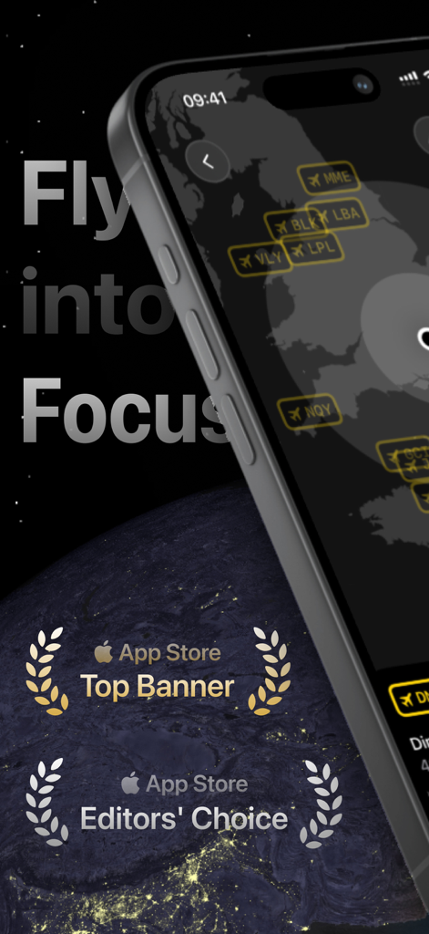 FocusFlight app promotional image showing a virtual flight map on a smartphone and Apple App Store Editors Choice and Top Banner awards.