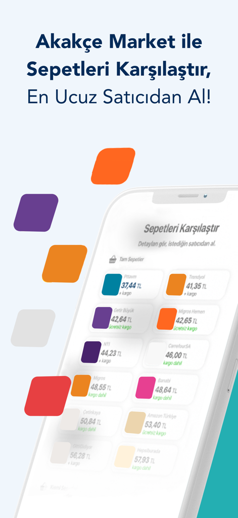 Mobile app screen showing a comparison of total shopping cart prices across multiple Turkish retailers
