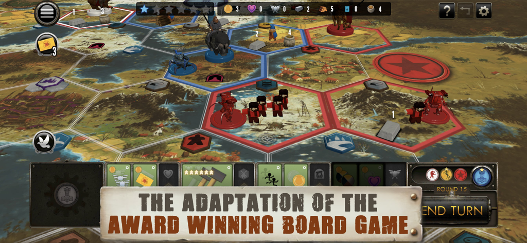 Interfaz de juego de mesa hexagonal de Scythe Edición Digital con mechs, trabajadores y recursos en un entorno dieselpunk