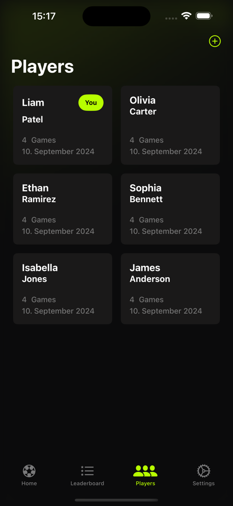 Foosball - Table Soccer - Foosballユーティリティアプリのゲーム統計を含むプレイヤーリスト。