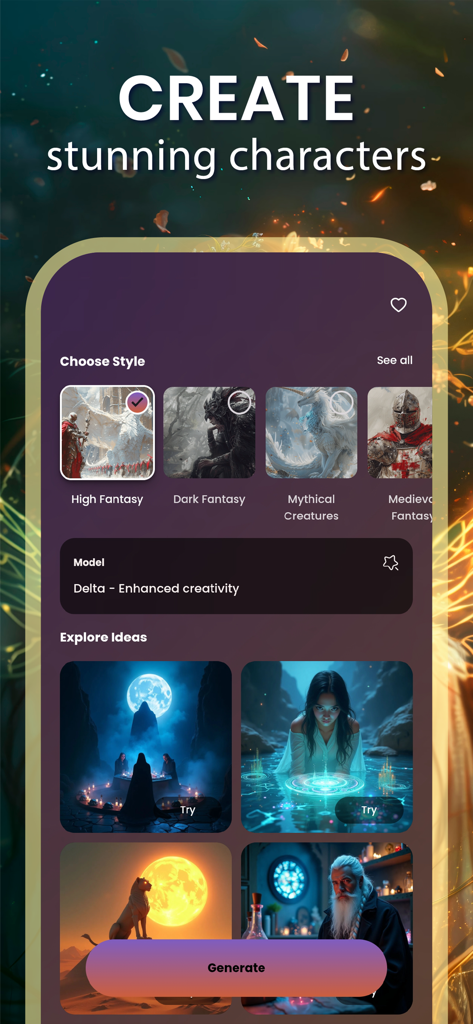 Fantasy AIアプリのインターフェース。キャラクター生成のためにハイファンタジーやダークファンタジーなどのアートスタイルを選択