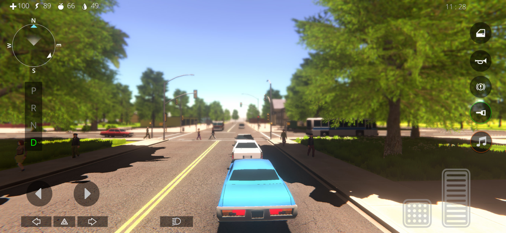 Ocean Is Home 2: Island Life - A third person view of a blue car driving through a sunny city street in Ocean Is Home 2 Island Life