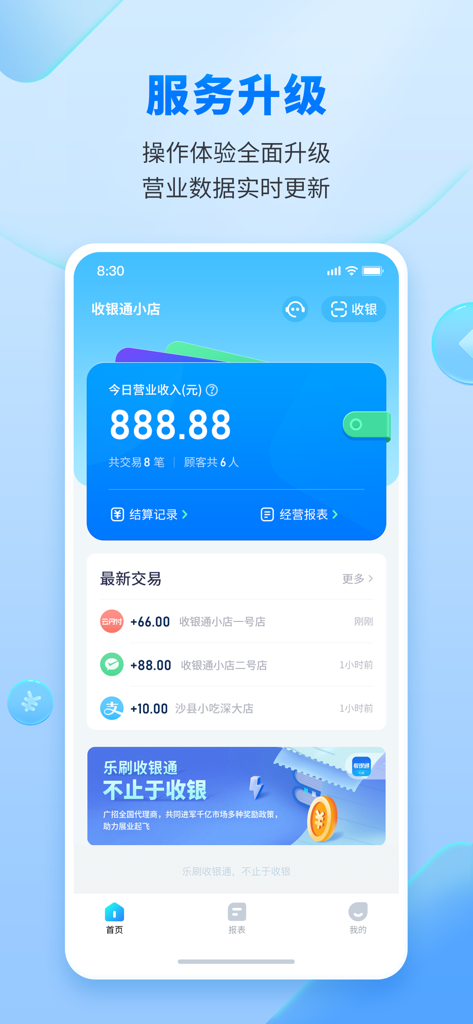 Interface do aplicativo Leshuai Cashier mostrando um painel de receita de negócios com transações recentes do WeChat Pay e Alipay.