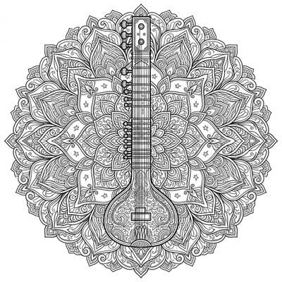 Dive into a world of intricate patterns and musical elegance with our Sitar Mandala coloring page. This detailed design, featuring a beautiful Indian sitar at its heart, offers a captivating coloring experience perfect for adults seeking relaxation and creativity.