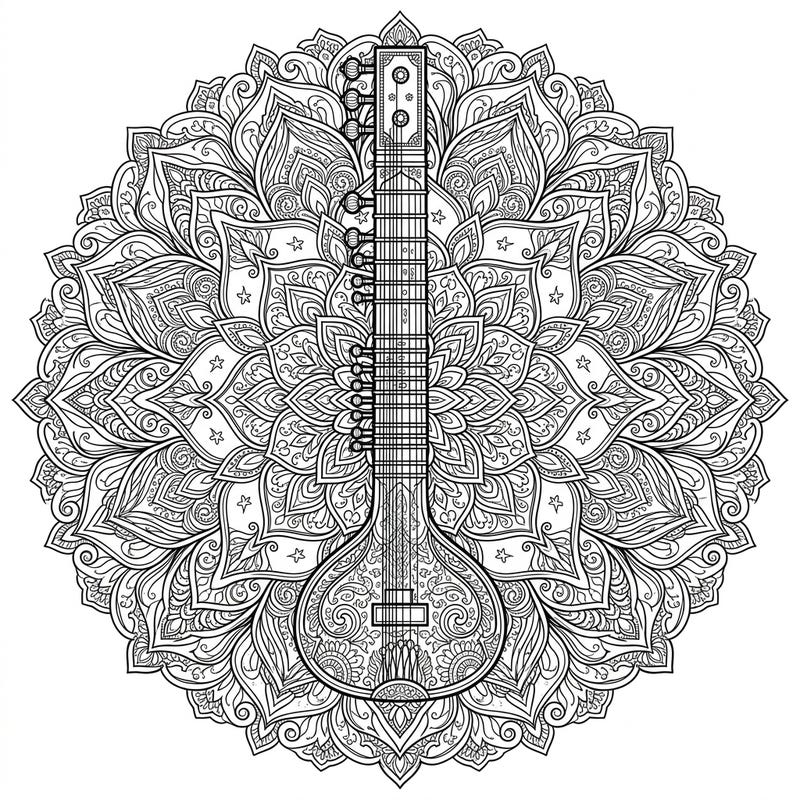Dive into a world of intricate patterns and musical elegance with our Sitar Mandala coloring page. This detailed design, featuring a beautiful Indian sitar at its heart, offers a captivating coloring experience perfect for adults seeking relaxation and creativity.