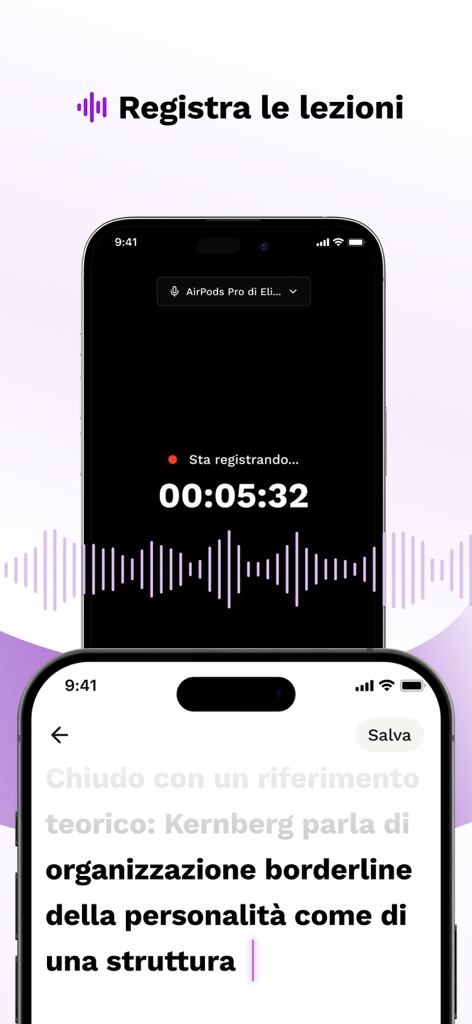 Docsity AI: appunti smart - Interfaccia dell'app Docsity AI che mostra la registrazione audio e la trascrizione in tempo reale di una lezione universitaria.