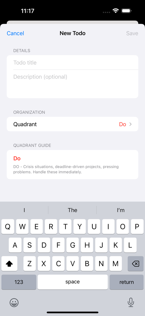(nothing) To Do - Erstellen einer neuen Aufgabe mit Quadrantenauswahl in der nothing To Do-App