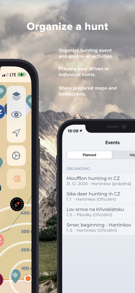 Hunterra: map&book your hunts - Two smartphones displaying the Hunterra app interface for organizing hunting events and planning maps against a mountain background