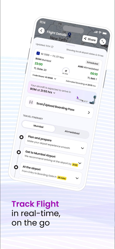 Adani OneApp: For Smart Travel - Adani OneAppでのリアルタイムフライト追跡と旅行旅程