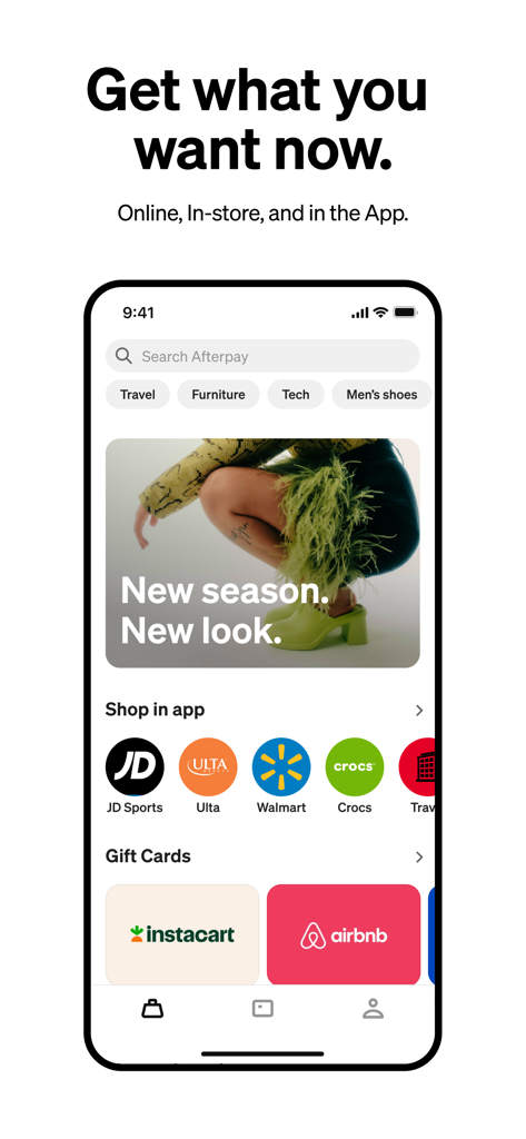 Afterpay app home screen showing shopping categories, retail partners like Ulta and Walmart, and gift card options.