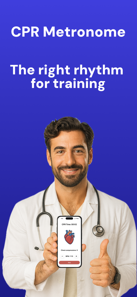 CPR Metronome: Rhythm Trainer - A medical professional in a white coat holding a smartphone showing the CPR Metronome app interface for chest compression training