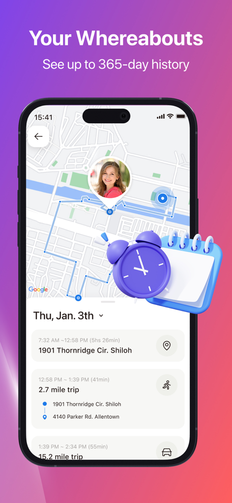 iSharing app screen showing 365 day location history on a map with detailed trip logs and timestamps