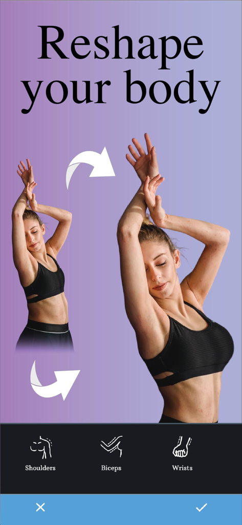 Perfect Face: AI Makeup Editor - The body reshape interface in the Perfect Face app showcasing options to adjust shoulders biceps and wrists