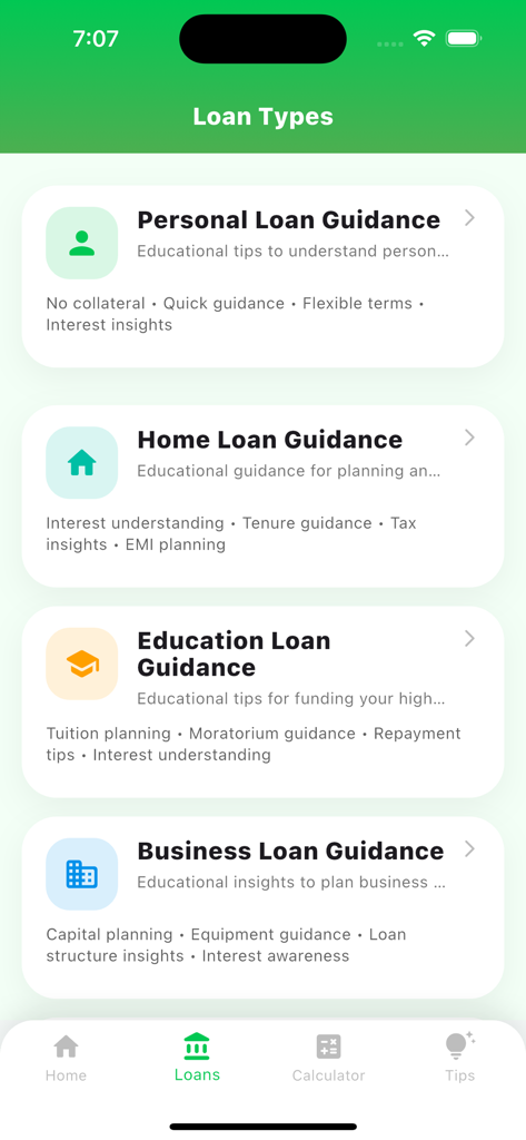 Easy Loan -Loan EMI Calculator - Educational guidance categories for different loan types in the Easy Loan app