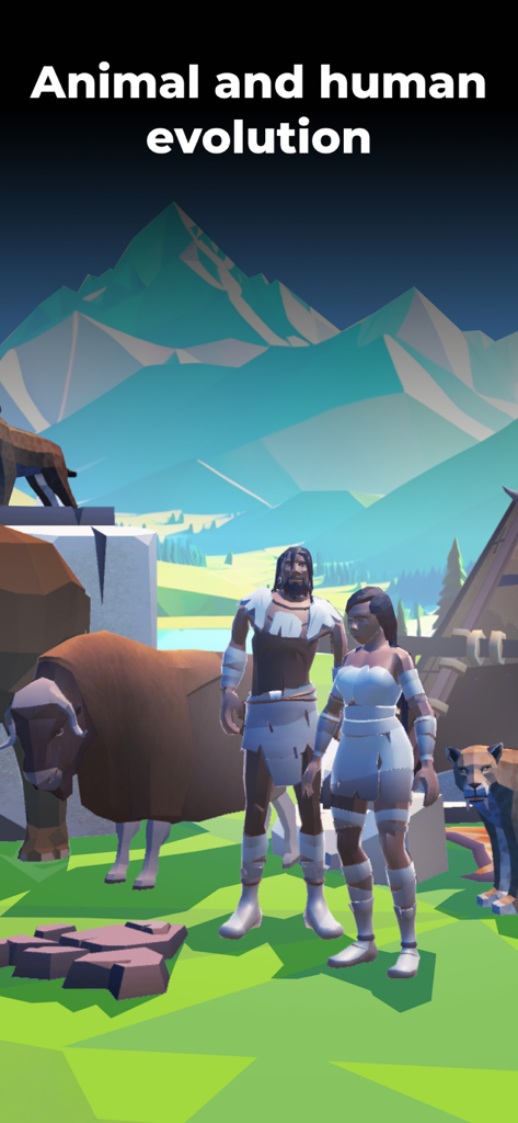 Globe Geography 3D: World Map - Low-Poly-3D-Modelle von frühen Menschen und urzeitlichen Tieren in einer Berglandschaft.