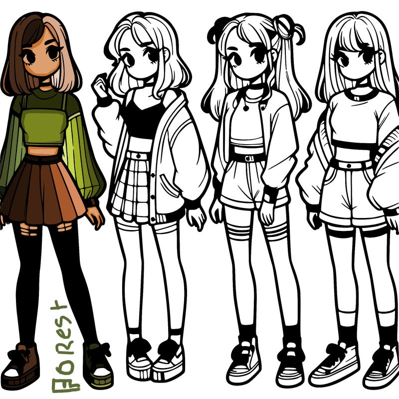 one girl with crop-top shirt and a jacket with a skirt, long socks and another girl with a shirt and pants with a jacket