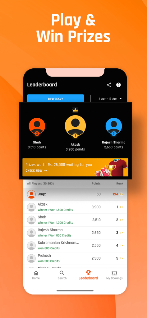 Mobile screen showing the KheloMore app leaderboard with player rankings and prize information