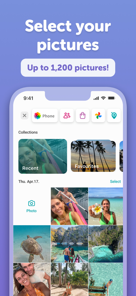 Mobile app interface showing photo selection for a photobook with text indicating support for up to 1200 pictures