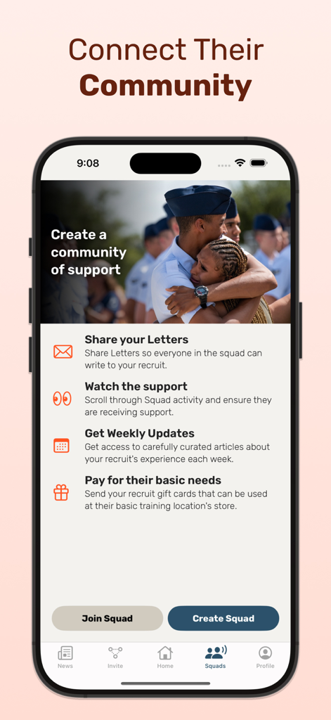 Sandboxx app interface displaying community support features like sharing letters and joining squads for military families.