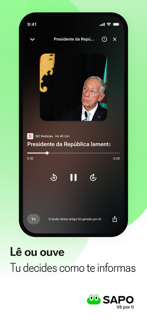 Interfaz de la app SAPO mostrando un reproductor de audio de noticias generado por IA