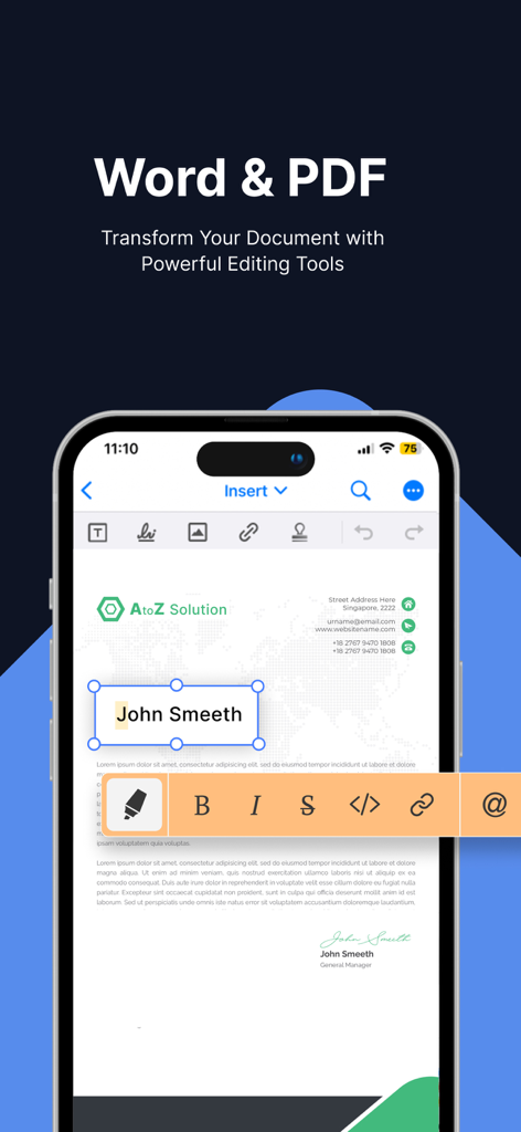 Office Word Editor-Docs, Share - Schermata dell'iPhone che mostra l'app Editor di Testo per Office con un documento in fase di modifica utilizzando strumenti di formattazione avanzati