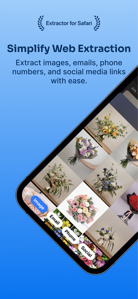 Extractor for Safari - Interfaz de la aplicación Extractor para Safari en un iPhone que muestra una cuadrícula de imágenes extraídas con etiquetas de categoría para correos electrónicos y números de teléfono.