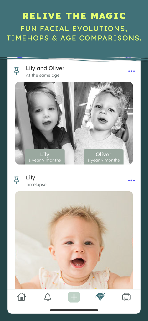 BackThen Family & Baby Photos - BackThen app showing sibling age comparison at the same age and baby photo timelapse