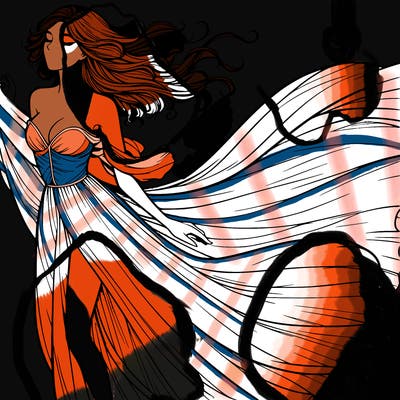 realistic woman in dress flowing the the wind