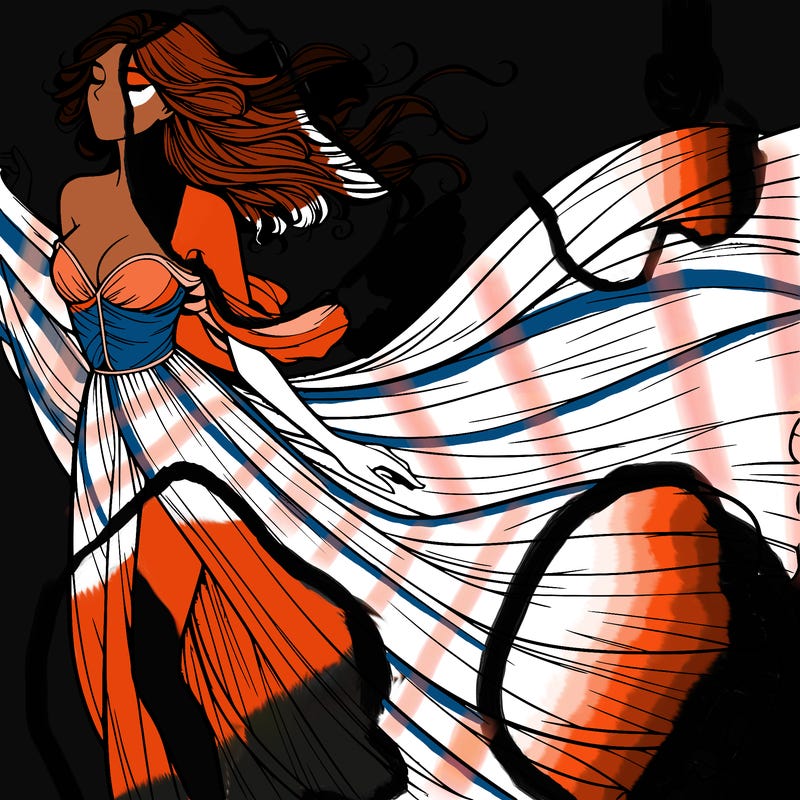 realistic woman in dress flowing the the wind