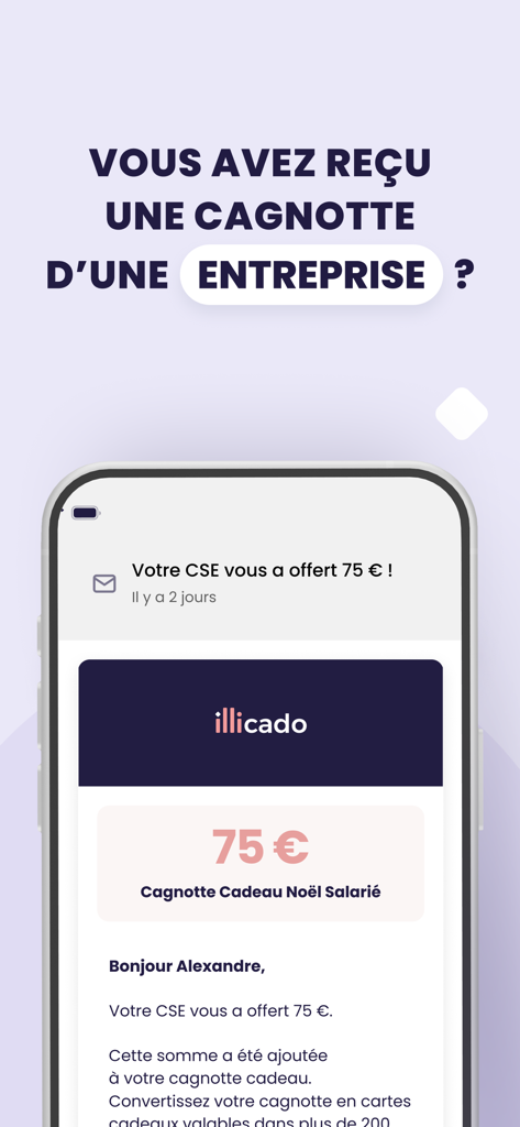 My illicado - A smartphone screen displaying a seventy five euro corporate gift pool notification in the My illicado app