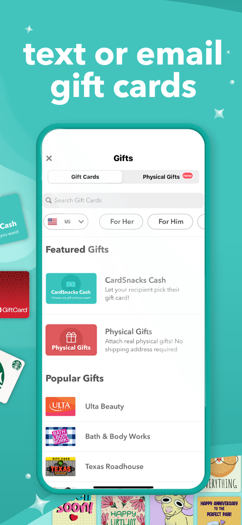 CardSnacks: ecards, greetings - Oberfläche der CardSnacks-App zum Versenden digitaler Geschenkkarten von beliebten Einzelhändlern per Textnachricht oder E-Mail.