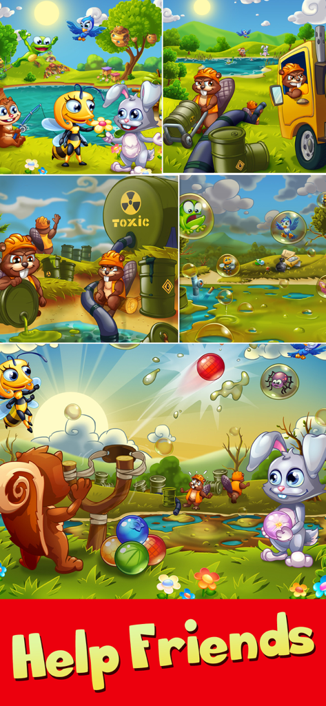 Forest Rescue: Bubble POP - Screenshot del gioco Forest Rescue Bubble POP che mostra animali salvati dall'inquinamento con una fionda