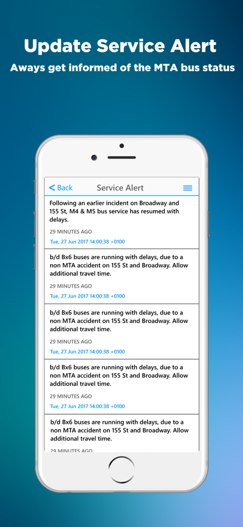 NYC Bus Time App (MTA) - NYC Bus Time app interface showing real-time MTA service alerts and bus delays