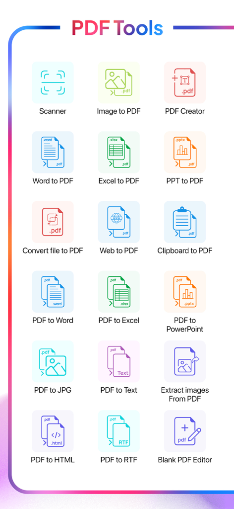 PDF Export - PDF Editor & Scan - A menu of mobile PDF tools including scanner and various document conversion features