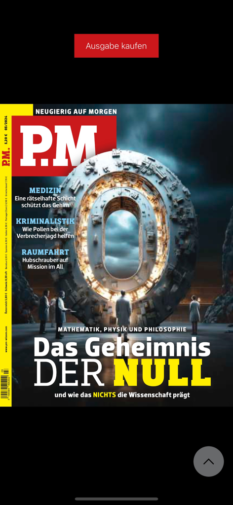 Digital cover of P.M. Magazin app featuring the secret of zero issue
