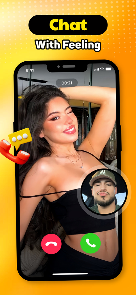 Tinkle: Video Chat, Live, Meet - Interfaz de la aplicación Tinkle que muestra una videollamada en vivo entre dos personas con el titular 'Chat With Feeling'