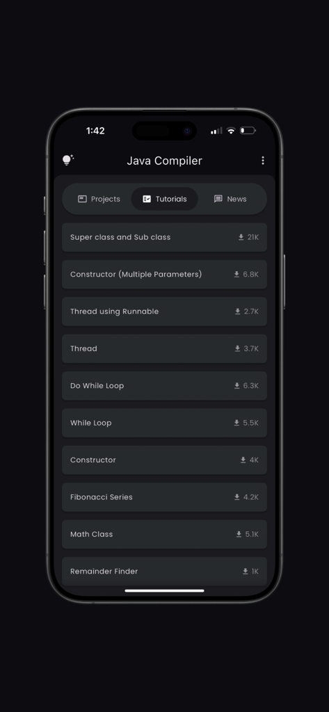 A list of Java programming tutorials within the Java Compiler Pro mobile app interface featuring topics like threads and loops.