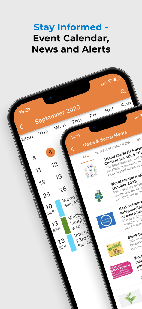 HealthZone UK - HealthZone UK app screenshots showing event calendar and news feed on smartphones