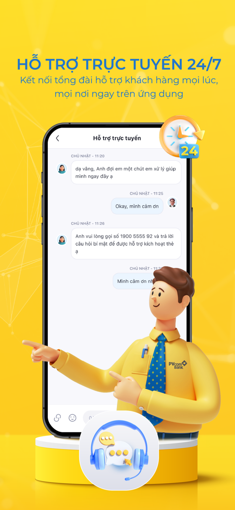 PVConnect - PVConnect mobile app 24/7 online customer support chat screen with 3D character pointing to the phone
