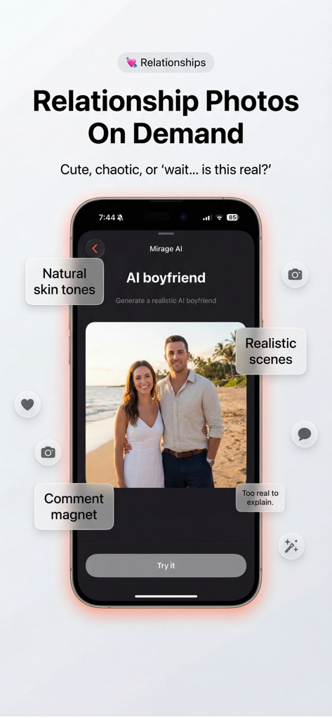 Mirage AI: Photo Editor - Interface do aplicativo Mirage AI exibindo uma foto realista de namorado gerada por IA na praia