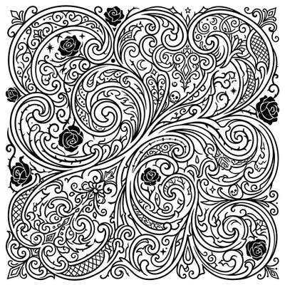 Discover a world of intricate beauty with this Gothic swirling patterns coloring page. Featuring ornate roses, thorny vines, and delicate details, it offers a captivating artistic challenge for adults.