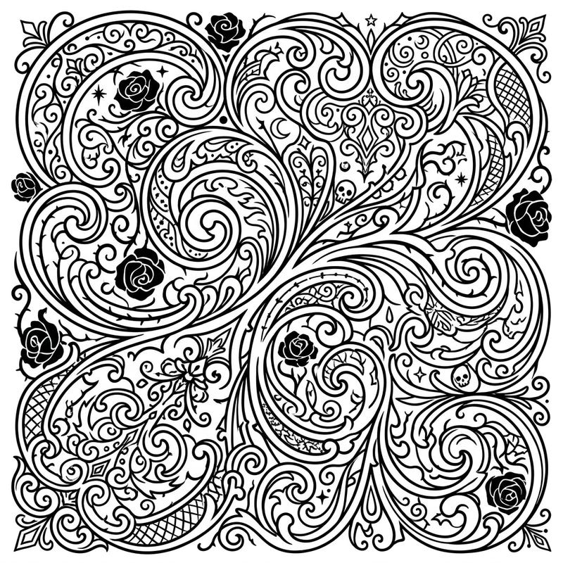 Discover a world of intricate beauty with this Gothic swirling patterns coloring page. Featuring ornate roses, thorny vines, and delicate details, it offers a captivating artistic challenge for adults.