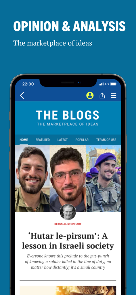 A screenshot of the blogs section in The Times of Israel app featuring opinion and analysis articles