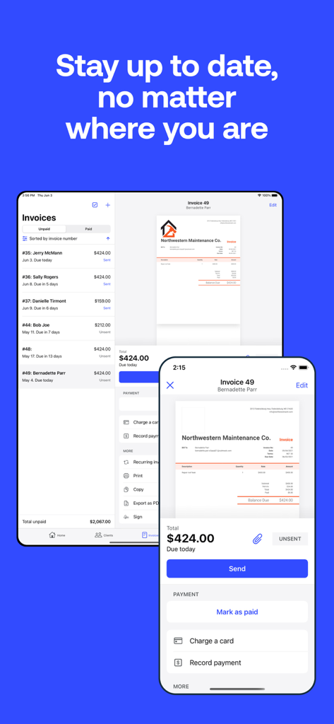 Invoice2go mobile app interface on iPhone and iPad showing professional business invoices