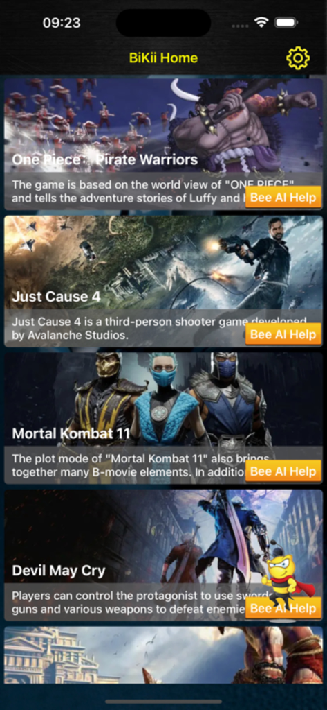 Bikii - Bee AI - Bikii Bee AI app home screen displaying a list of popular video games with help buttons for AI assistance.