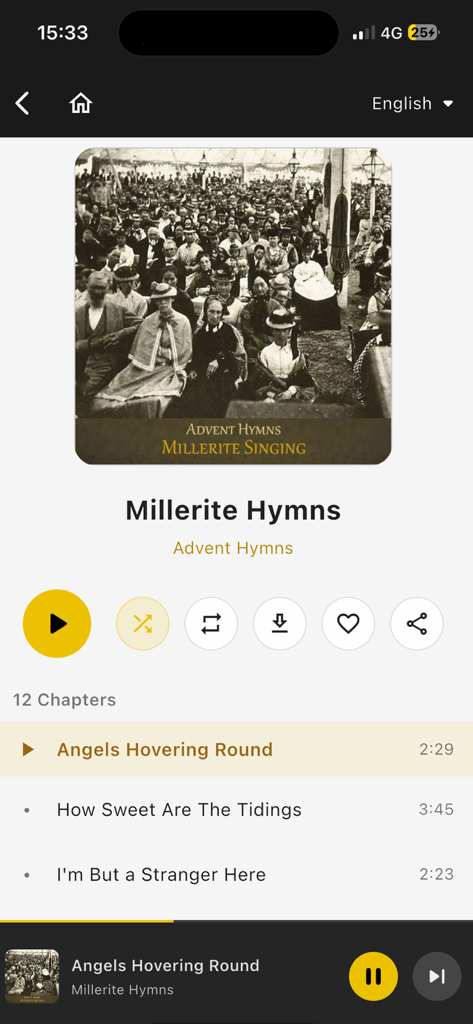 EGWAudio app screen showing the Millerite Hymns playlist and audio player