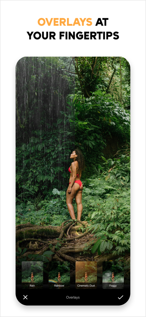 Photo Editor Effects + Filters - A woman in a jungle with a rain texture overlay applied using a mobile photo editing app.