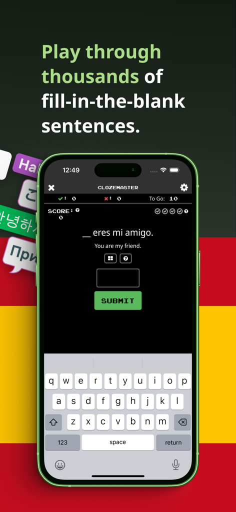 Clozemaster Spanish - Interfaz de la aplicación Clozemaster Español mostrando un ejercicio de frase de completar espacios con un teclado móvil en pantalla