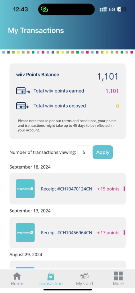 Transaction history screen in the wiiv app showing loyalty points balance and recent transactions.